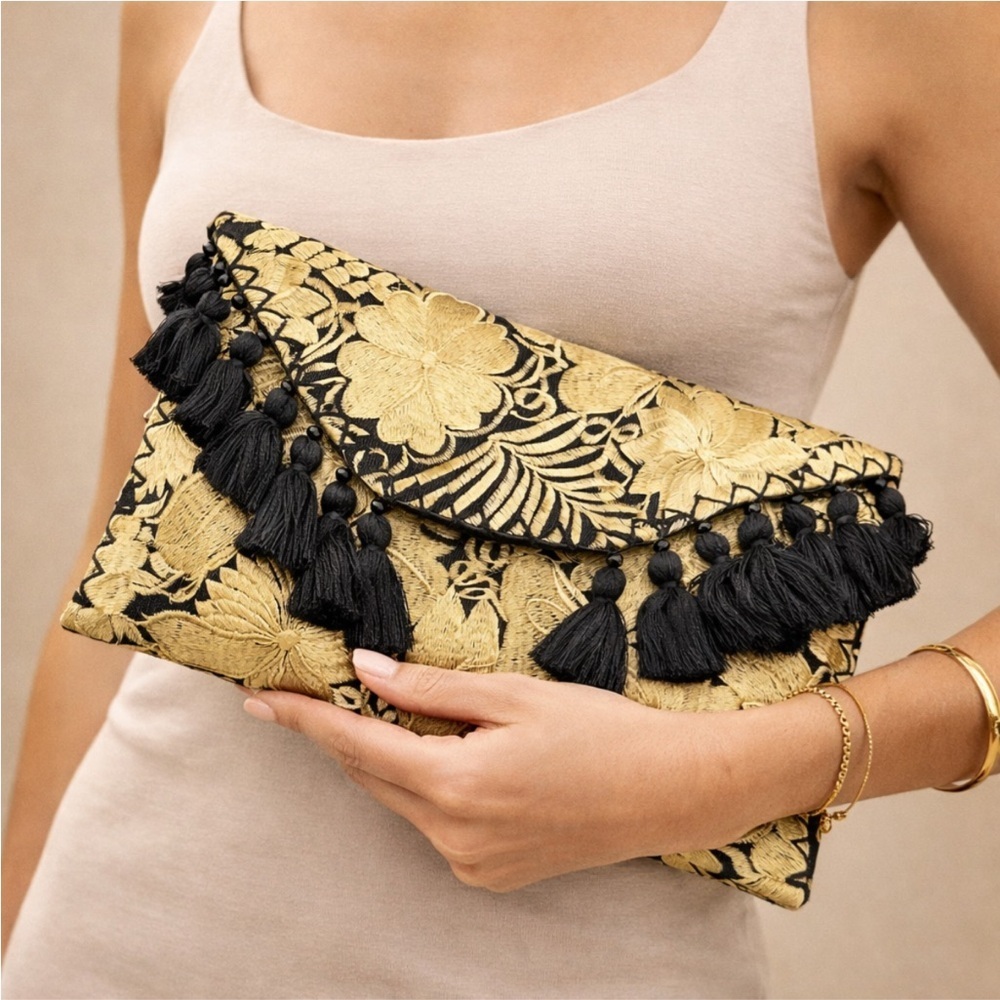 Black & Gold Embroidered Tassel Clutch Boho Statement Envelope Bag